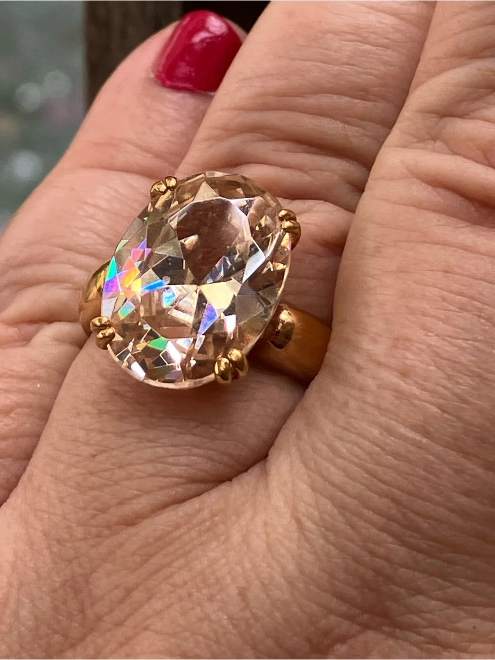 LARGE Champagne CZ Cocktail Solitaire Ring Gold Plated